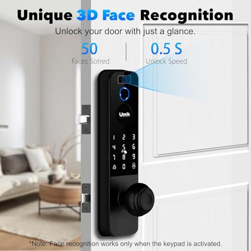 UMIK UMIKSMART Matter Smart Lock with Camera & Doorbell, 3D Face Recognition Fingerprint WiFi Deadbolt, Keyless Entry Digital Keypad for Apartment, Works with Apple Home, Tuya App Control, Black