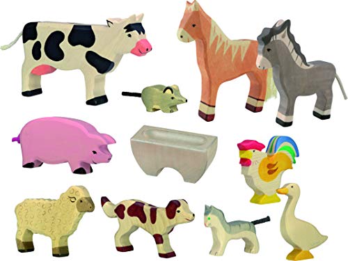 Holztiger Bauernhoftiere Set - 11 Spielfiguren aus Holz, Pferd, Kuh, Esel, Schaf, Schwein, Hahn, Gans, Hund, Katze und Maus, mit Futterkrippe, handbemalte Spielzeugtiere für Kinder, Made in Europe