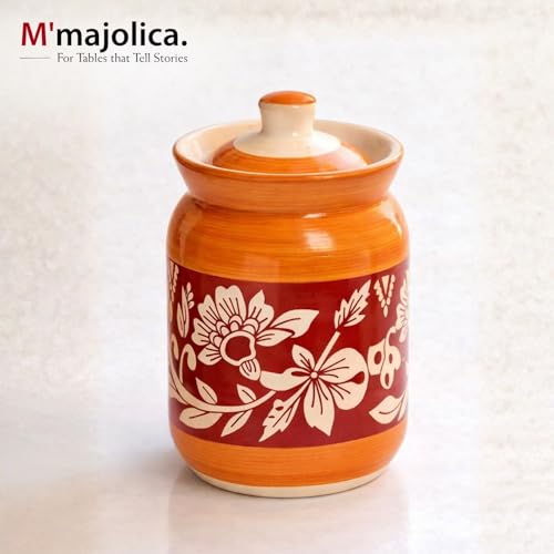 Image of Orange Mushroom Ceramic Handglazed Pickle Jars Set of 1-1000 ML Each | 1 kg Achaar Martban Barni Jar with Lid | Ceramic Storage Jar Container Pickle, Chatney