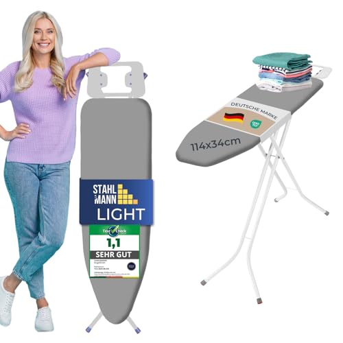 STAHLMANN ® Bügelbrett [114x34 Bügelfäche ] grau mit rutschfesten Füßen – robuster Bügeltisch – extra stabiles...