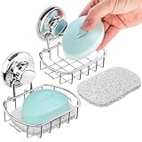 HASKO 2-Pack Suction Cup Soap Holder – Bar Soap Dish for Shower with Hooks for Bathroom – Optional Mounting with Adhesive Tape or Glue – Includes 2 Soap Savers – Polished Stainless Steel SS304