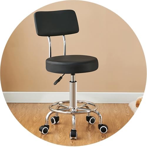 Swivel Rolling Pub Stool with Backrest - PU Leather Seat, Adjustable Height, Multi-Purpose Vanity Chair for Home, Salon, Study, Dressing Table - Black
