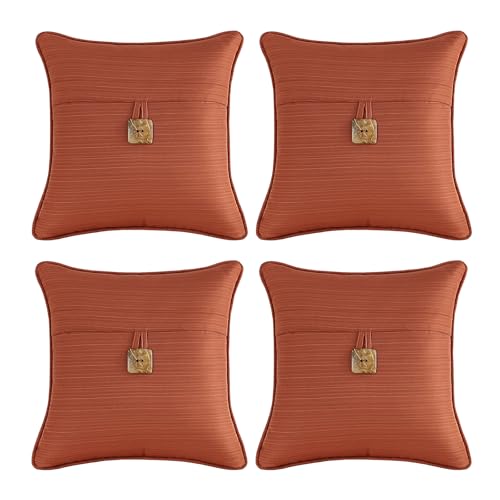 Outdoor decorative pillows with coconut buttons, set of 4 (16x16) coral red