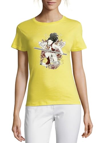 T-shirt anime femme col rond en coton jaune pour un style casual unique