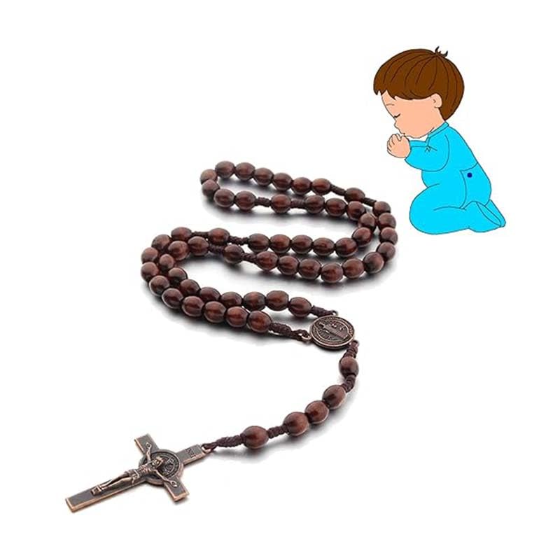 Catholic Cross Rosary Necklace, Catholic Men, Wood Prayer Beads for Girls Boys Religious Communion, Baptism