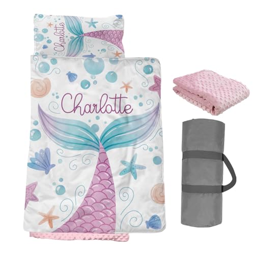 Dyoart Custom Toddler Nap Mat, Personalized Name Kids Sleeping Mat for Daycare Preschool Kindergarten, Pink Mermaid Girls Sleep Bag with Pillow Blanket, Easy Roll Up Nap Sacks for Infant Children