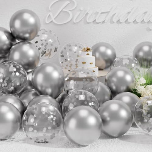 Suwen Métallique Argenté Ballons et Confettis Ballons Lot de 47PCS 10 Pouce Latex Baudruche Hélium Chrome Argenté Métallisé Ballon Gonflable pour...