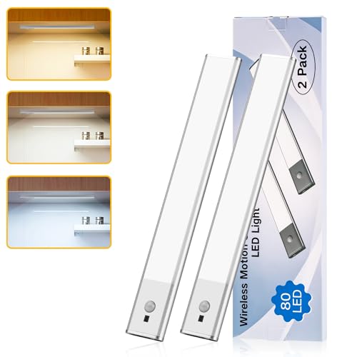 BOLEISE Under Cabinet Lights - Closet Light 1500mAh Premium 80 LED, Rechargeable 3 Color Temperatures,Wireless and Motion Sensor Lighting for Wardrobe, Cupboard, Kitchen, Stairs (4pcs of Pack)