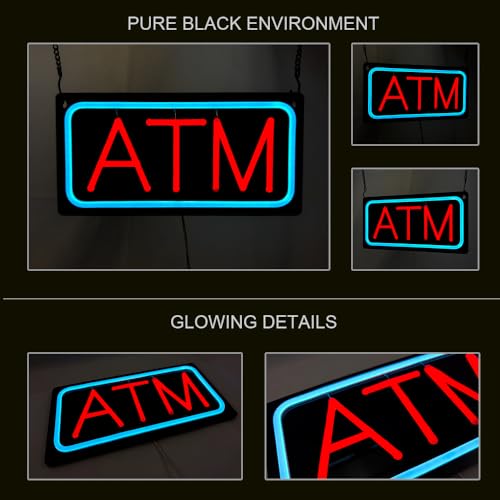 Image of ATM LED Neon Sign, 12 inchx6 inch, USB Powered with 9 Brightness Levels, Business Signboards for Bank Supermarket Convenience, Easy to Install, Ideal for Shop Wall Window Decoration (Red, Black Acrylic)