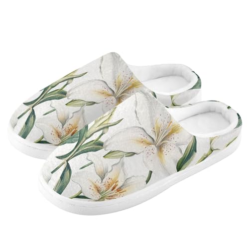 JUNZAN Vintage Lily White Mens House Cotton Slipper Closed Toe Memory Foam Ladies Slippers for Hotel Funny Presents 6-74