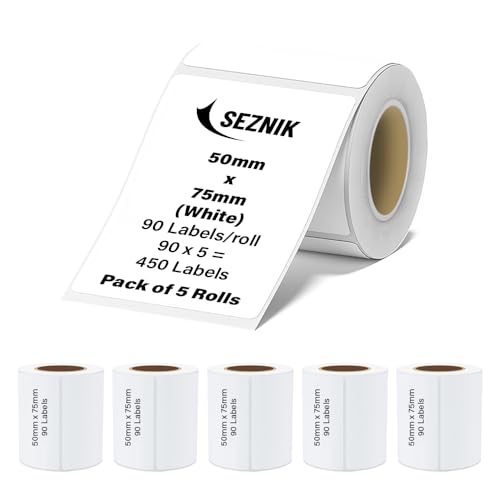Image of Seznik Thermal Sticky Labels - 50x75 mm - White - Pack of 5 Rolls (50mmx75mm - 450 Lables)