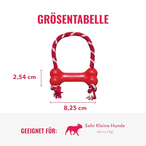 KONG Goodie Bone mit Seil - Klassischer strapazierfähiger Hundeknochen aus Naturkautschuk - Leckerlispender - Für XS Hunde - Rot