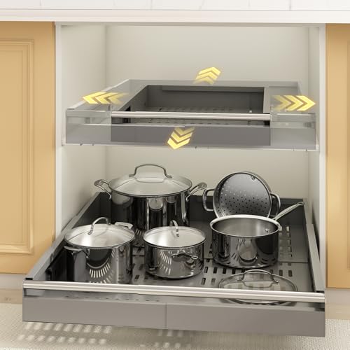 Mointal 2 Piezas Cajón Extraíble de 4 Direcciones, Cocina Cajón Telescópico con Tirador, Ancho Ajustable 33-53cm & Profundidad 41-61cm, Armario Cajón Organizador, Tornillo/Adhesivo Montaje, Gris