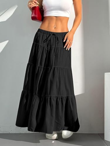 Image of Verdusa Women's Long Maxi Skirt Boho Flowy Flared Ruffle Skirts 2026 Beach Vacation Summer Going Out Outfits