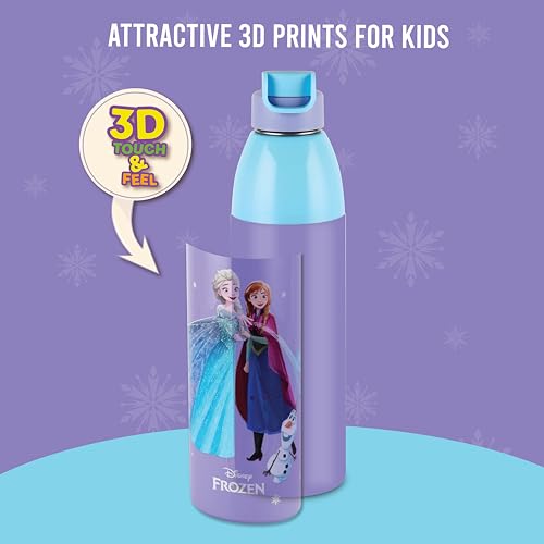 Image of CELLO Kidzbee Uranus 600 Insulated Kids Water Bottle 540ml, Violet | 3D Touch & Feel Frozen Trio Design Easy to Carry Lightweight Leakproof Easy Sip Flip Cap Insulated Water Bottle For School Kids