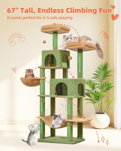 Image of Taoqimiao Cactus Cat Tree, 67 in Tall Cat Tower with 2 Plush Cat Condos