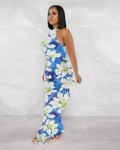 Image of 2 Piece Outfits for Women Sexy Halter Neck Sleeveless Crop Tops Ruched Bodycon Dresses Jumpsuits Fringe Skirt Sets