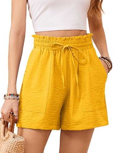 KORSIS Women Shorts High Waist Elastic Summer Lounge Casual Beach Vacation Work Loose Trousers with Pockets Yellow L
