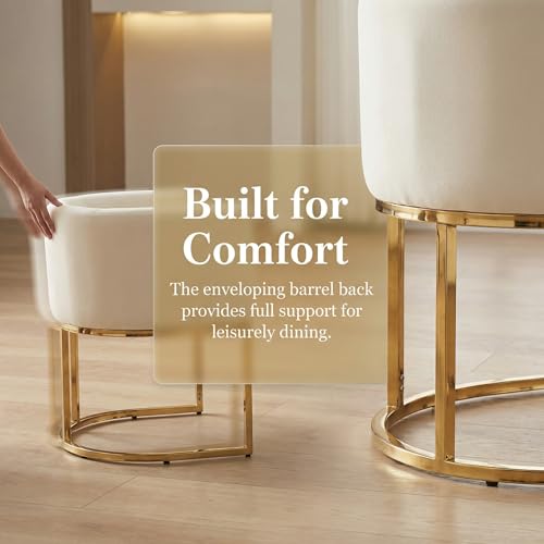 Image of HNY Mid Century Modern Upholstered Barrel Dining Chair with Arms, Leather Kitchen & Dining Room Chair, 18.5 inch Wide Accent Chair for Dining Room Living Room with Gold Metal Frame, White