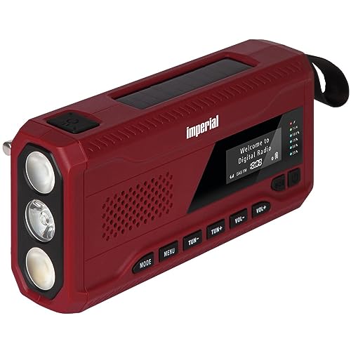 Imperial DABMAN OR 2 - DAB+ Kurbelradio/Notfallradio - tragbares Digitalradio (Radio, DAB/DAB+/UKW/FM, Bluetooth, Solarzelle, Kurbel, Akku, Taschenlampe, SOS, Powerbank) rot, Klein