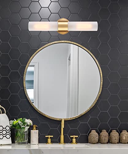 Daycent Modern Gold Bathroom Light Fixtures Long Double Gold Wall Sconce Frosted Glass Cylinder Vanity Light, 20" H #TOP5