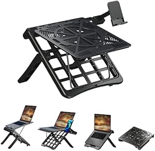 PIYU Laptop Stand for Desk, Foldable Laptop Riser with Heat-Vent for Home and Office, Portable Laptop Stand Adjustable Height with Mobile Phone Holder, Max Weight 10KG - Black