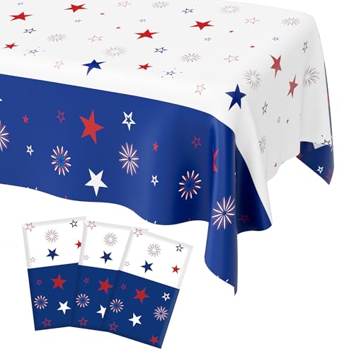 Image of 4th of July Tablecloth, 3 PCS Red White and Blue Patriotic Tablecloths(54x108 Inch) Independence Memorial Day American Flag Decorations Table Cloth Cover for Picnic Camping Party Dinner Table Decor