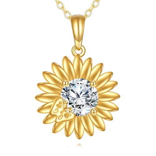 DOVRAN 14K Real Gold Sunflower Necklace for Women Solid Yellow Gold Butterfly Pendant Flower Jewelry Gifts for Mom Wife