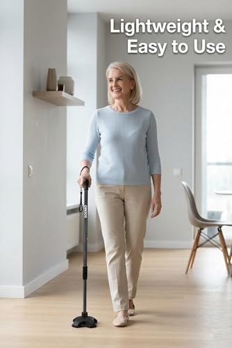 Image of Amazon Brand - Solimo Premium Walking Stick with Self Standing Base | Adjustable Height Lightweight | Ergonomic Grip Walking Cane for Men & Women | Leg Support for Elderly, Patients & Disabled