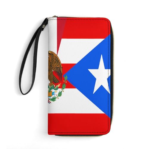 Half Mexico Half Puerto Rican Flag Leather Wallet for Men Women,Patriot Flags PU Long Bifold RFID Blocking Credit Card Clutch Cowboy Wallet with Cord