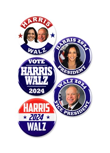 5 Pack - Kamala Harris Tim Walz 2024 Vote Democrat Presidential Election Political Campaign Pinback Buttons - 2.25 Inch