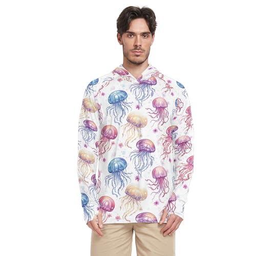 Cute Jellyfish White Men's Sun Shirts Hoodies Long Sleeve Adult Rash Guards Fishing Shirt UPF 50+ S