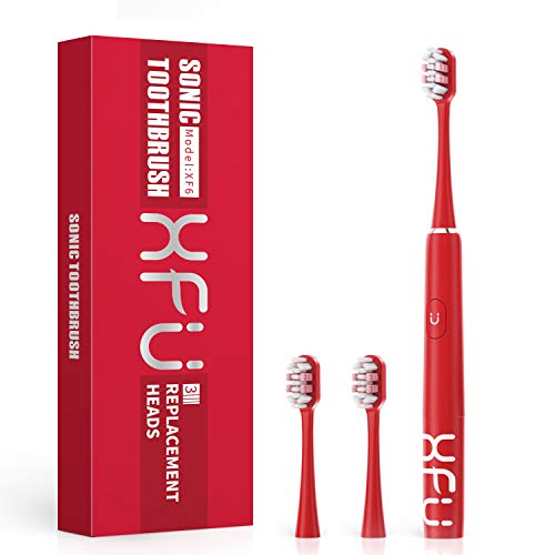 XFU Sonic Electric Battery Toothbrush for Adults and Kids, 3 Dupont Brush Heads, with 2 Modes and Waterproof IPX7, 2 Minutes Smart Timer 24,000 VPM SG-2007 (Red)