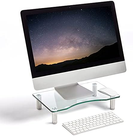VonHaus Monitor Stand for Desks - Height Adjustable - Screen Riser for Computers, Laptops & TVs - Clear Curved Glass with Aluminium Legs - Designed for Home or Office - 38.5 x 24cm