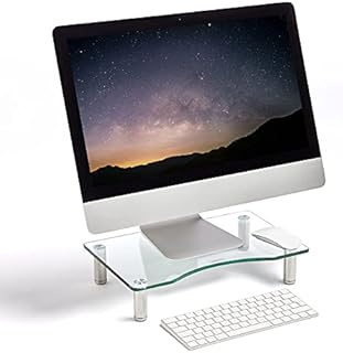 VonHaus Monitor Stand for Desks - Height Adjustable - Screen Riser for Computers, Laptops & TVs - Clear Curved Glass with Aluminium Legs - Designed for Home or Office - 38.5 x 24cm