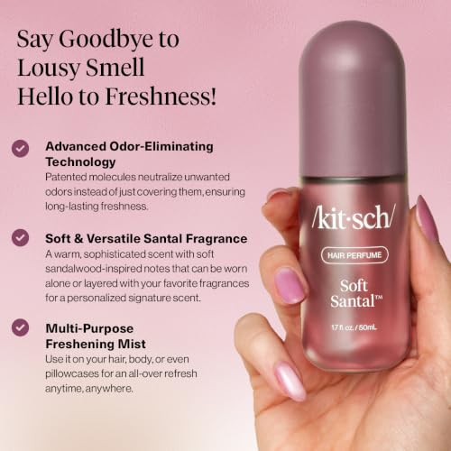 Image of Kitsch Hair Perfume for Women- Soft Santal | Clean, Deodorizing & Patented Odor-Eliminating Technology Hair Spray & Body Mist- Freshen Hair, Body & Pillows- Vanilla Almond, Cherry Blossoms Scent- 50mL