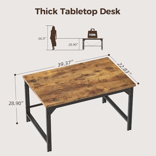 Image of Mericonia 40 Inch Computer Desk, 1 inch Thick Small Office Table, Brown | Modern Simple Style, Heavy Duty Industrial Frame, Small Study & Writing Table for Home Bedroom Work