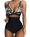 SUUKSESS Women Slimming Tummy Control One Piece Swimsuits Sexy Mesh High Waisted Monokini Bathing Suits (Black-Pink Floral, XL)
