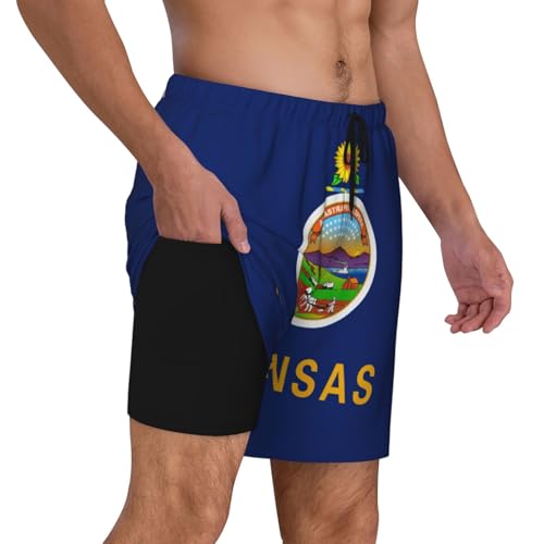 Kansas State Flag Mens Double Polyester Swimsuit Trunks Swim Shorts with Compression Liner and Patch Pocket.3