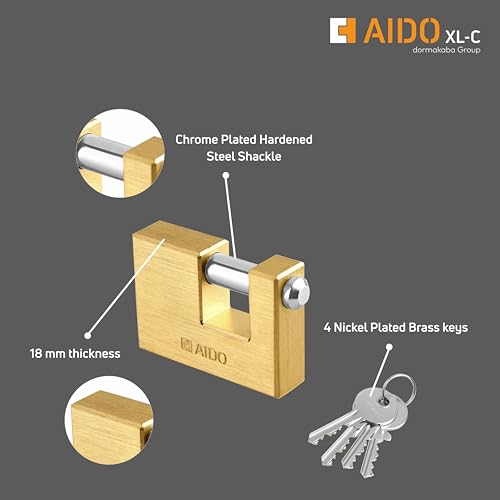 Image of AIDO by dormakaba Group Heavy-Duty 70mm Brass Padlock Lock for Main Door, Home, Garages, Warehouses, Containers, | 4 Brass Keys | Indoor & Outdoor | Water-Resistant | 2 Year Warranty