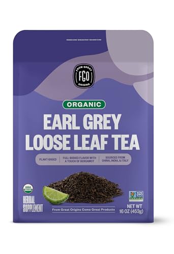 FGO Organic Earl Grey Black Tea, 16 Ounce Loose Leaf Bulk Resealable Bag, 16oz, Packaging May Vary (Pack of 1)