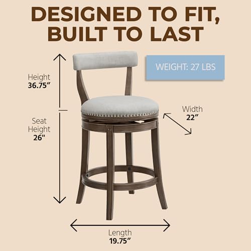 Image of ROME + OAK Ruxban 26 inch Counter Stool, Set of 4 Low Back Swivel Barstools in Weathered Oak Finish with Sand Fabric Upholstery Seat - Indoor Home Furniture