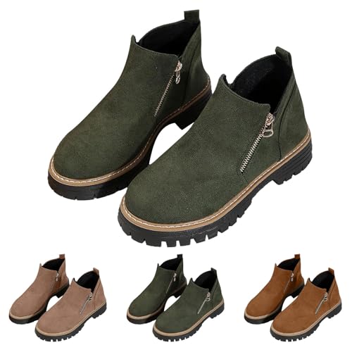 Momolaa UK 7.5 Women's Ankle Booties, Ladies Faux Suede Low Block Heel Double Side Zip Ankle Short Boots Chelsea Pull on Booties Casual Comfortable Western Boots Footwear Green