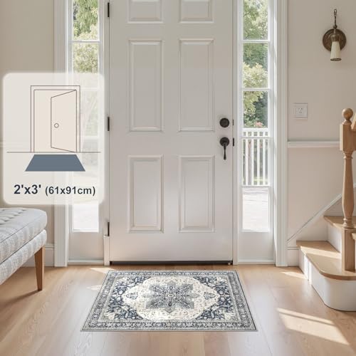 Tortania Area Rug 2x3 Doormat - Washable Vintage Oriental Farmhouse Soft Thin Indoor Carpet for Living Room Bedroom Hallway Entryway Kitchen - Indigo