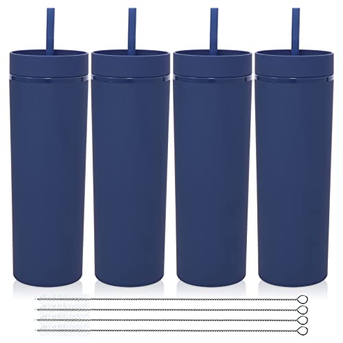 Volhoply 20oz Plastic Skinny Tumblers Bulk 4 Pack,Double Wall Tumbler with Lid and Straw,BPA Free Matte Acrylic Water Cups for Parties(Navy