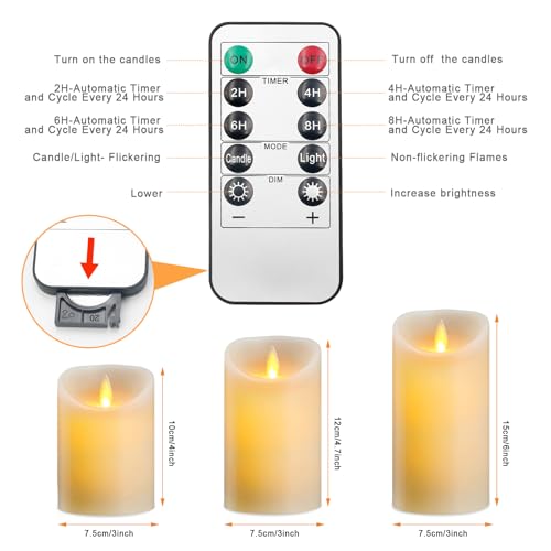 Lerelin Battery Candles, LED Candles Battery Operated with Timer, Pillar Flickering Flameless Candles with Remote Control for Household, Halloween, Christmas Gifts (7.5 x 10cm) - Image 4