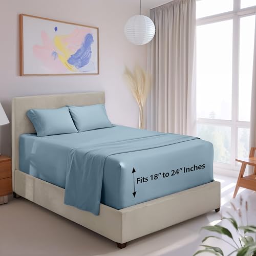 Image of Hearth & Harbor Extra Deep Pocket Queen Sheet Set, Stone Blue | 4 Piece Cooling Bed Sheets Set, Ultra Soft & Breathable, Fits Up to 24 inch Mattress, Wrinkle & Fade Resistant, Hotel Luxury