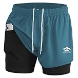 LORSPORTCH Men's 2 in 1 Running Shorts Men's Fitness Shorts Outdoor Marathon Training Shorts with Built-in Pockets Peacock Blue 2XL