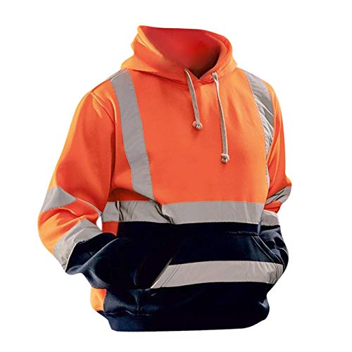 FITYLE Sudadera con Capucha de Seguridad de Alta Visibilidad con Bolsillo y Tiras Reflectantes, Jersey con Capucha para Trabajo en Carretera para Hombre - Naranja XL