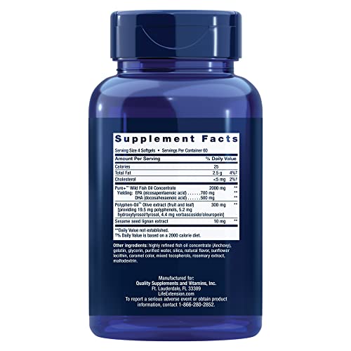 Life Extension Super Omega-3 Plus Epa/Dha Fish Oil, Sesame Lignans & Olive Extract - Omega 3 Supplement - For Heart Health And Brain Support - Gluten Free, Non-Gmo - 240 Easy-To-Swallow Softgels #TOP1